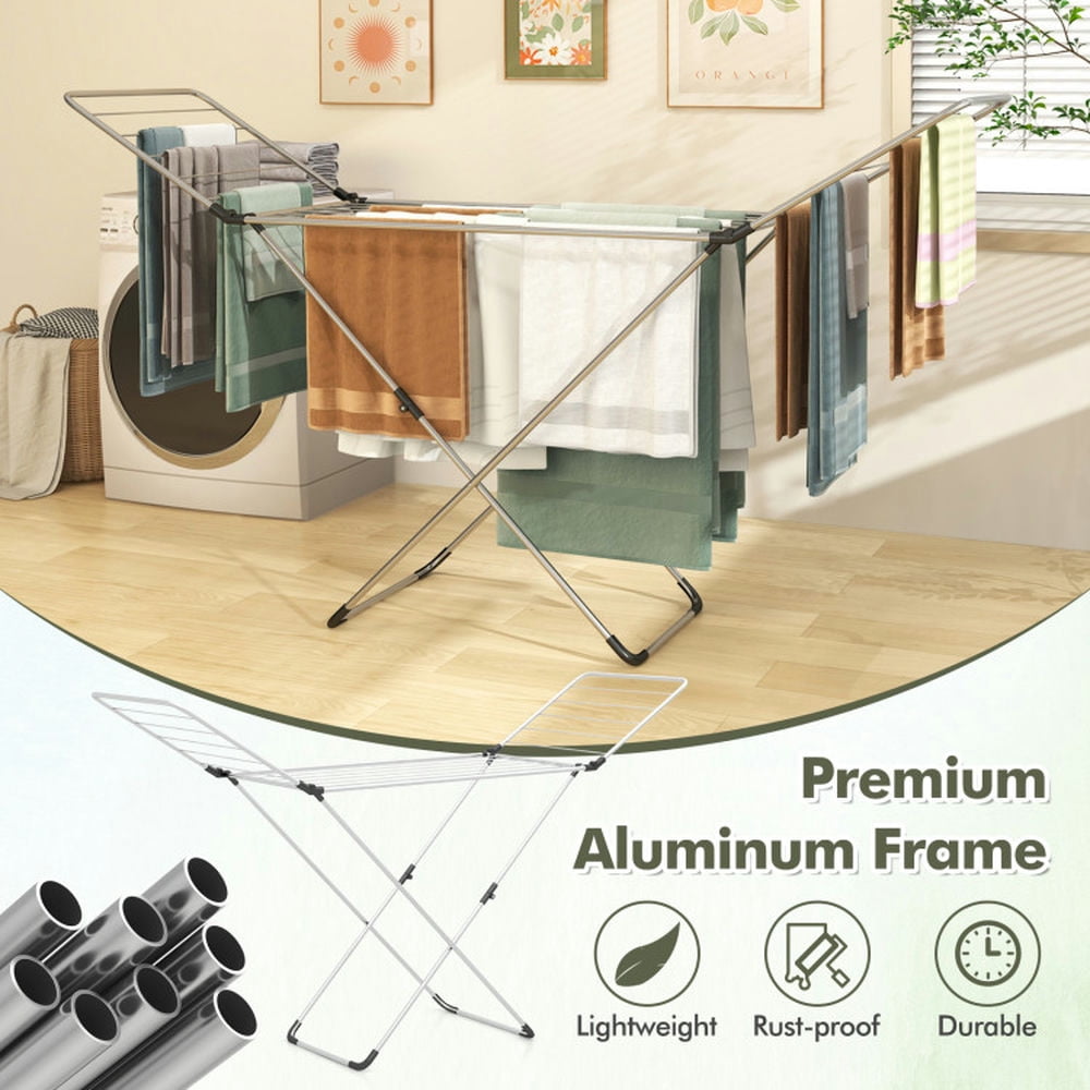Finihen Drying Rack, Clothes Drying Rack, Folding Clothes Drying Rack with Adjustable Wings for Indoor and Outdoor Use, Silver Finihen Drying Rack, Clothes Drying Rack, Folding Clothes Drying Rack with Adjustable Wings for Indoor and Outdoor Use, Silver