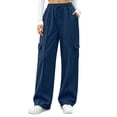 thumbnail image 3 of Baggy Cargo Pants for Women, Elastic Drawstring Waist Solid Casual Pants with Multi Pockets, Lounge Jogging Work Wear | VerBelle,Navy 2XL, 3 of 9