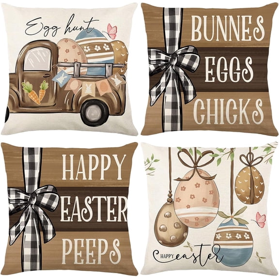 Easter Pillow Covers 18x18 Inch Set of 4, Buffalo Plaid Decorative Farmhouse Throw Pillowcases for Home Sofa Couch Decor