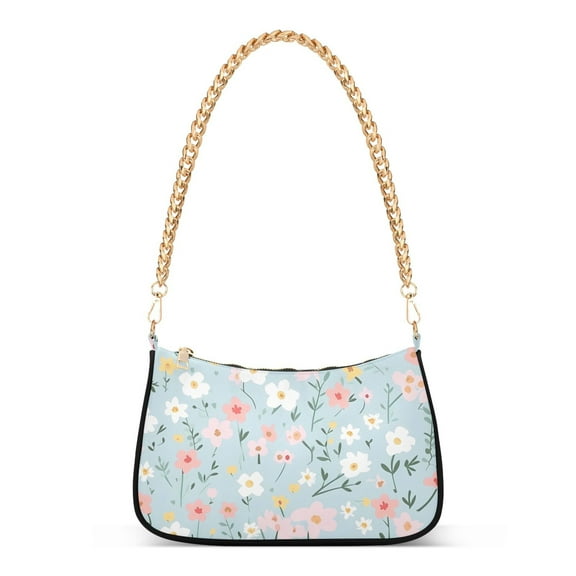 Womens Chain Shoulder Bag Floral Flowers Blue Classic Tote Handbags Fashion Clutch Hobo Purse with Zipper for Travel Casual