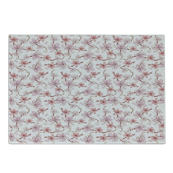 East Cutting Board, Gentle Cherry Blossom Sakura Flower Spring Season Inspired Japanese Foliage Love, Decorative Tempered Glass Cutting and Serving Board, Small Size, Pale Pink Blush, by Ambesonne