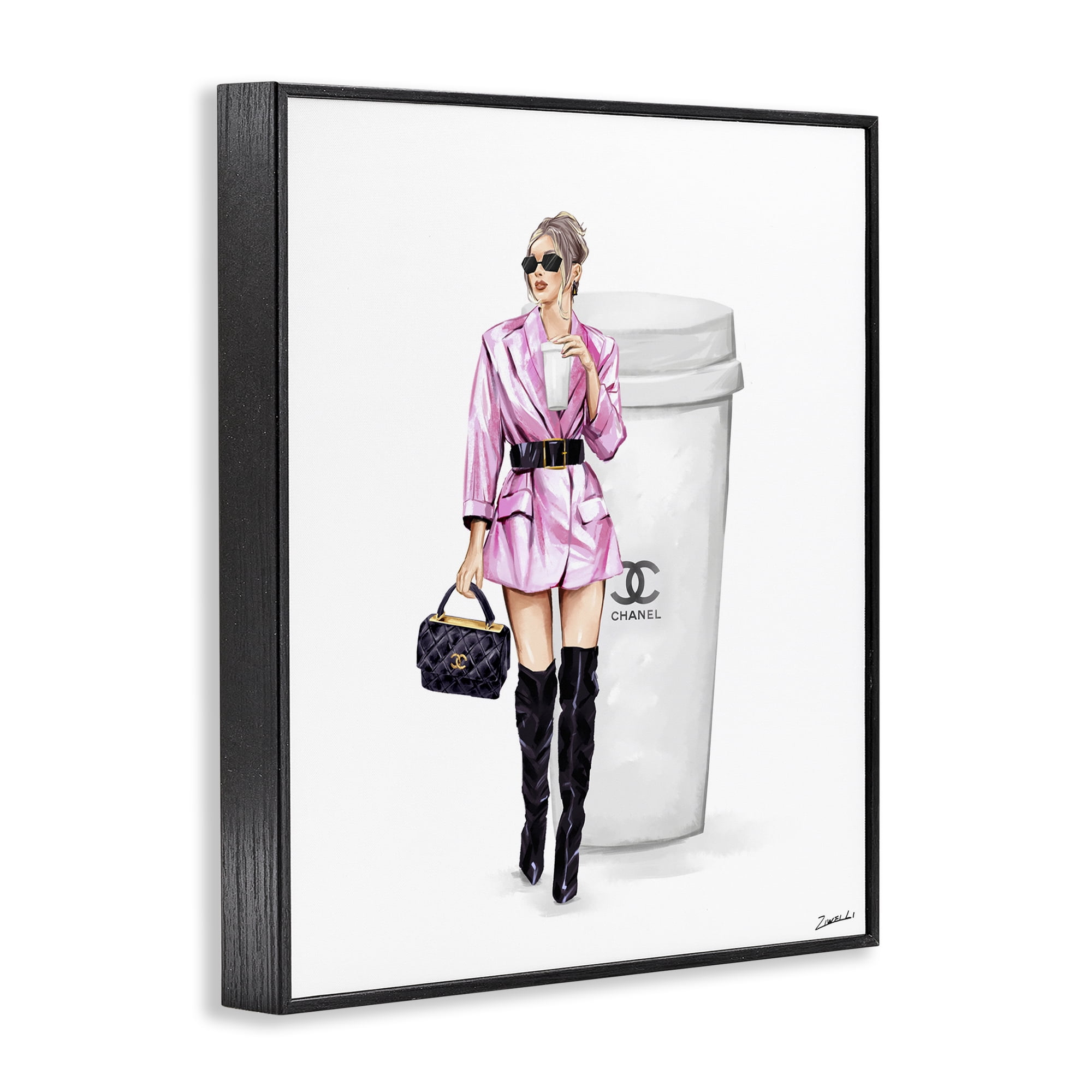 Stupell Industries Trendy Girl with Coffee Novelty Painting Black Framed Art Print Wall Art, 24 x 30