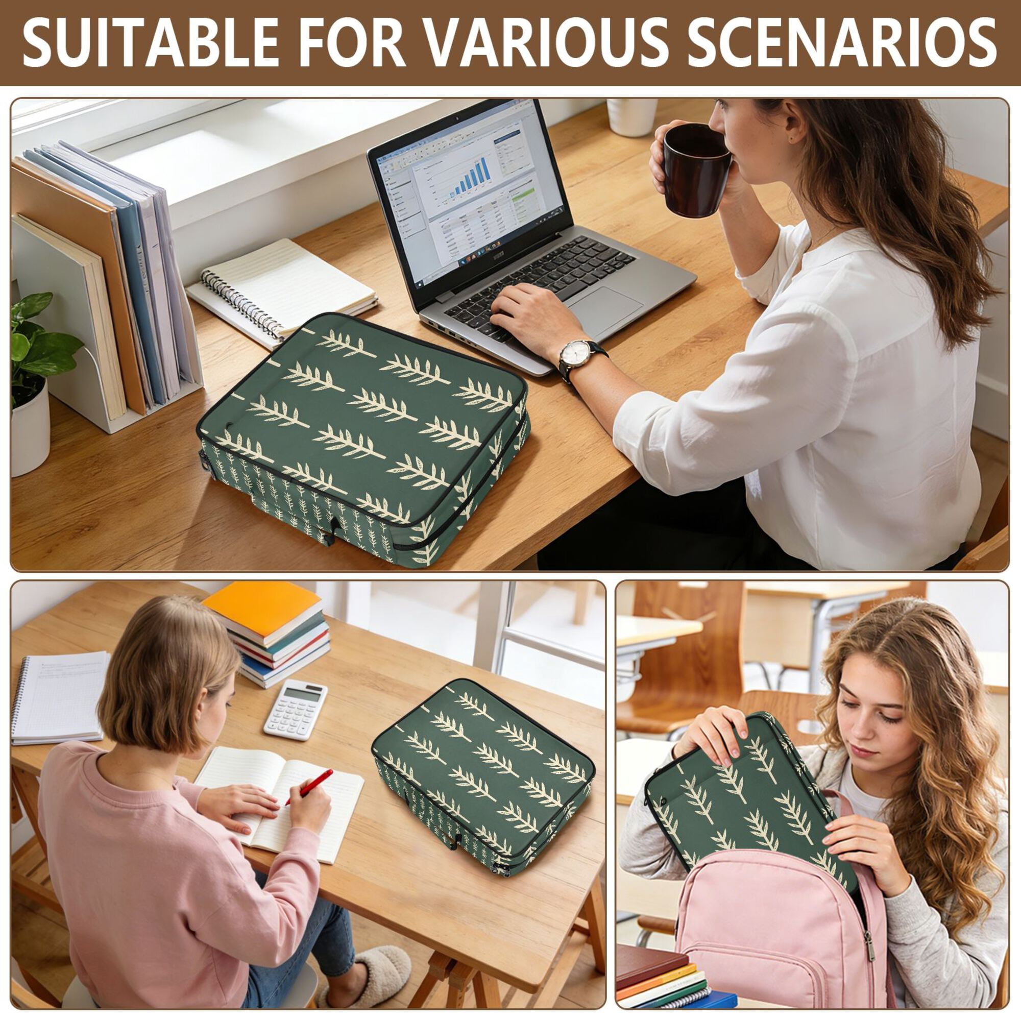 FORMRS Accordion File Folder A4 Size 7-Pocket Expanding Document Organizer Bag with 3 Ring Binder, Dark Green Leaves
