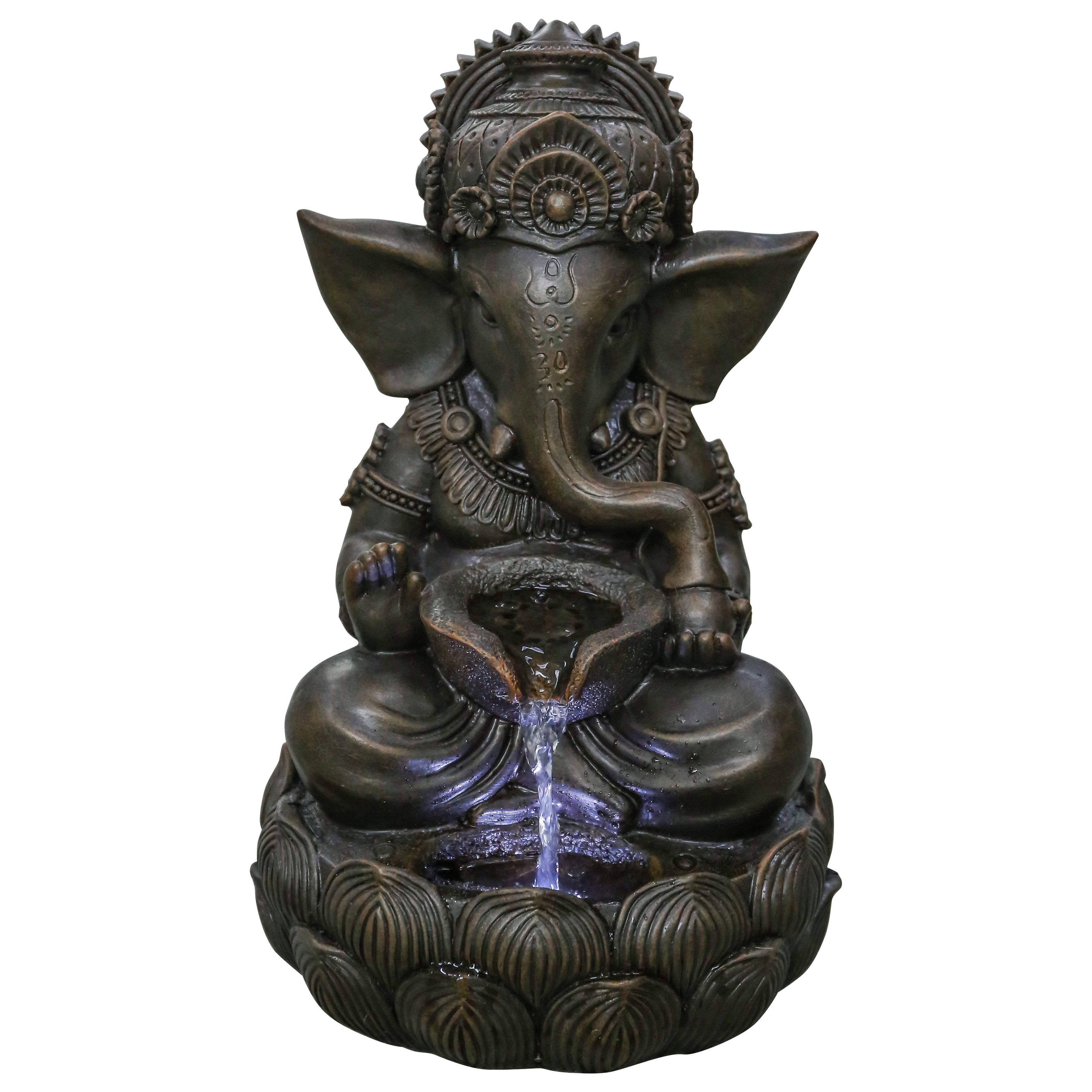 Bed Bath & Beyond 79554-M LED Lights Polyresin Lord Ganesh Sculptural Tabletop Fountain, Brown