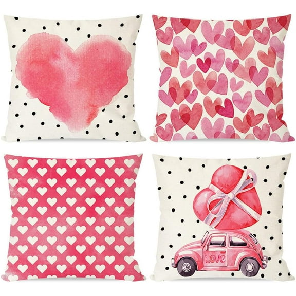 Pink Valentines Day Pillow Covers 18X18 Set of 4 Polka Dot Love Heart Truck for Valentines Day Decor Outdoor Valentine Decorative Throw Pillows Cushion Case Decorations for Couch
