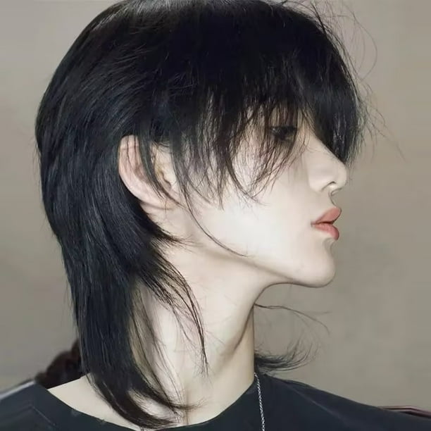 Peluca de estilo japonés con cabeza de salmonete, peluca de pelo largo y liso para niños, peluca con cubierta completa para la cabeza, cabello de cola de lobo unisex
