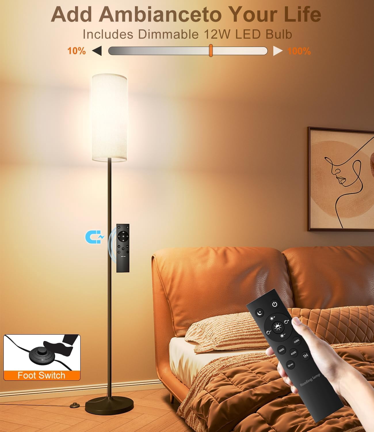 LED Floor Lamp for Living Room, Dimmable Standing Lamps with Foot Switch,Remote Custom Color Temperature Gold Pole Lamp with Lampshade,12W Led Bulb Tall Lamps for Bedroom Office Kid Room (Gold)