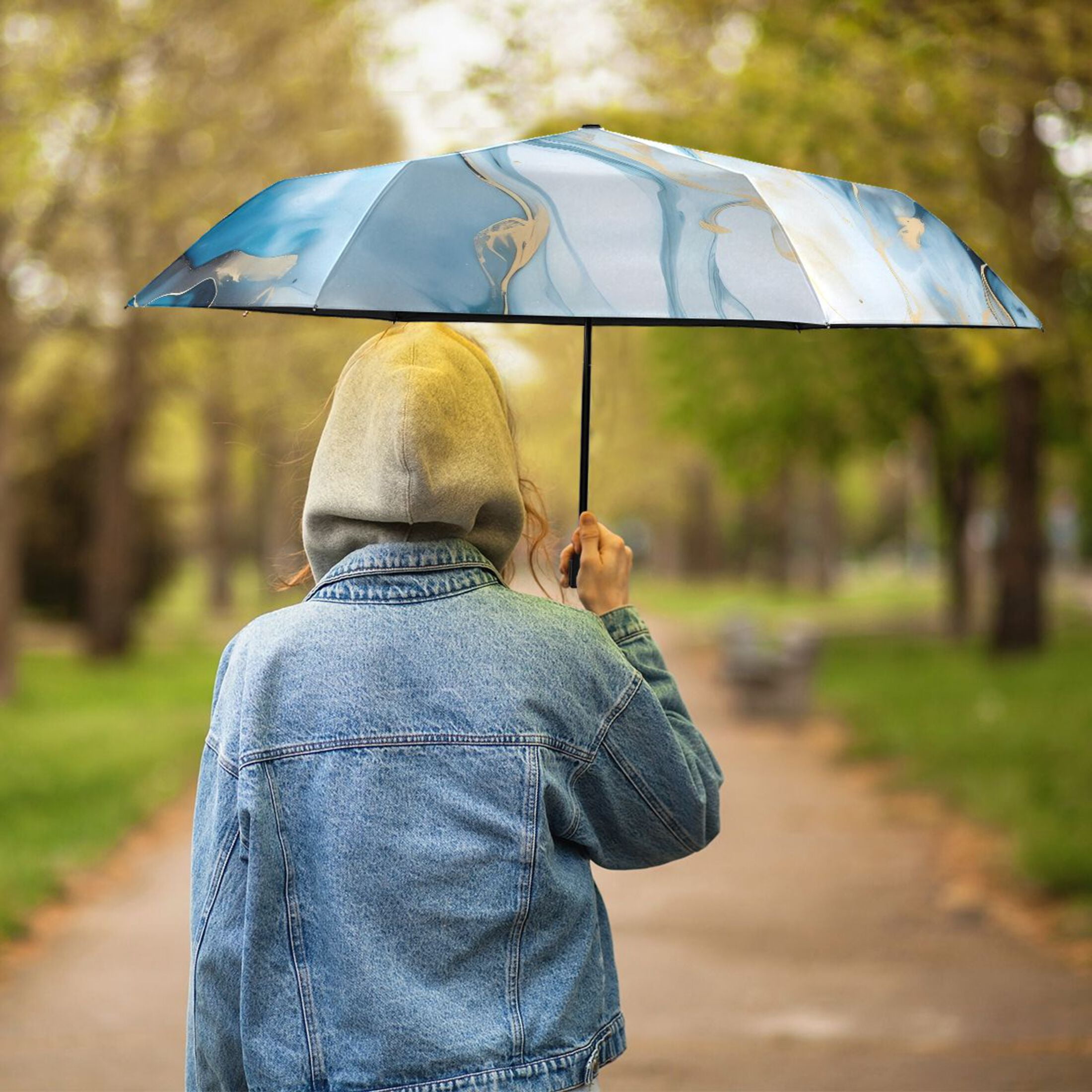 White Blue Marble Compact Sun Umbrella Windproof Travel Umbrellas for Rain Strong Portable UV Protection