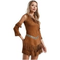thumbnail image 4 of dPois Womens Ancient Greek Warrior Princess Costume Faux Suede Tassel Fringe Dress with Sleeves Brown XL, 4 of 7