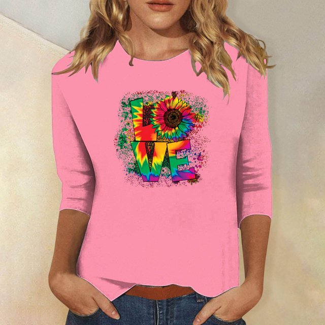 Hauts pour Femmes Mode Féminine Manches Trois Quarts Col Rond Rétro Imprimé Lettre Saint-Valentin Hauts Amples Blouse