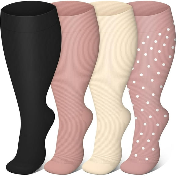 4 Pairs Plus Size Compression Socks for Women & Men, Wide Calf 20-30mmhg for Circulation, Running, Nurse, Pregnant