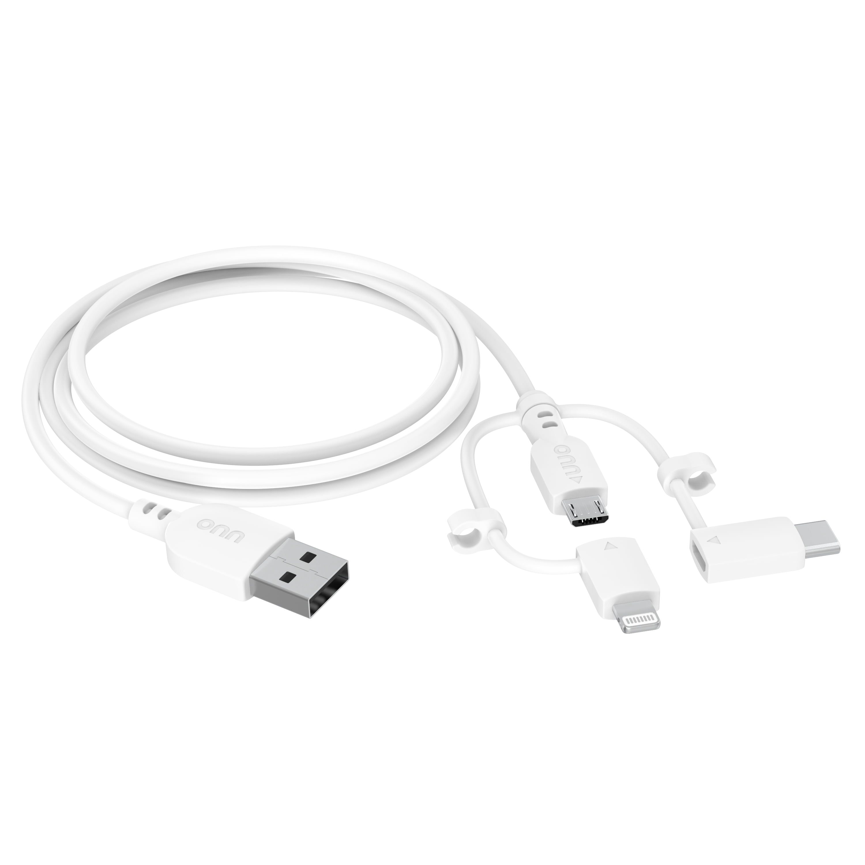 ONN 3 feet Tri-Tip to Lightning Micro USB Cable, White