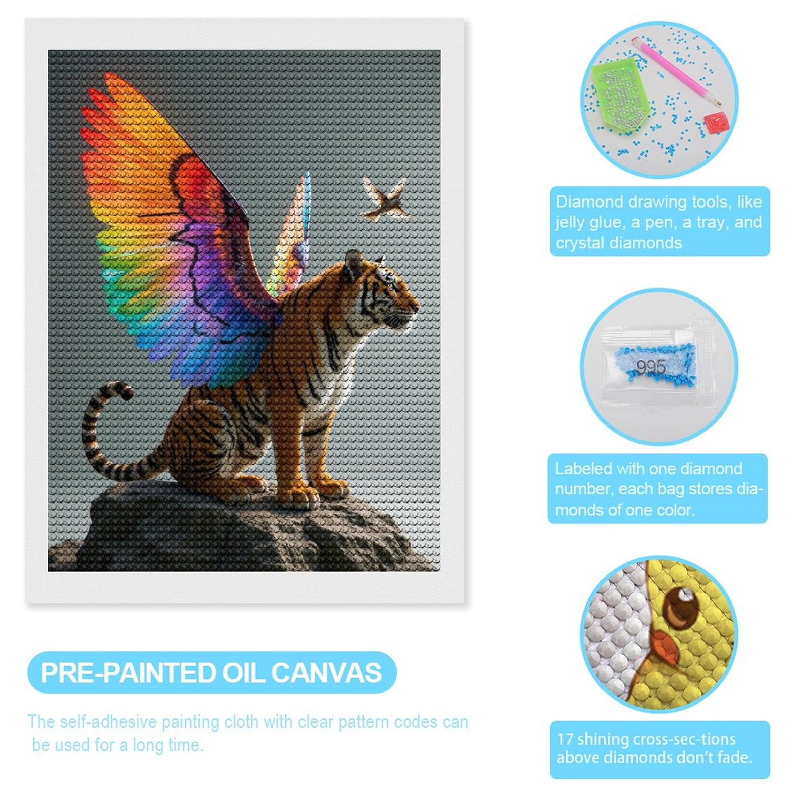 Diamond Art Kits for Adults, Tiger Rainbow Wings Rock Bird 5D Diamond Painting Kits for Adults Beginners, DIY Full Drill Diamond Painting, Gem Art and Crafts 12x16