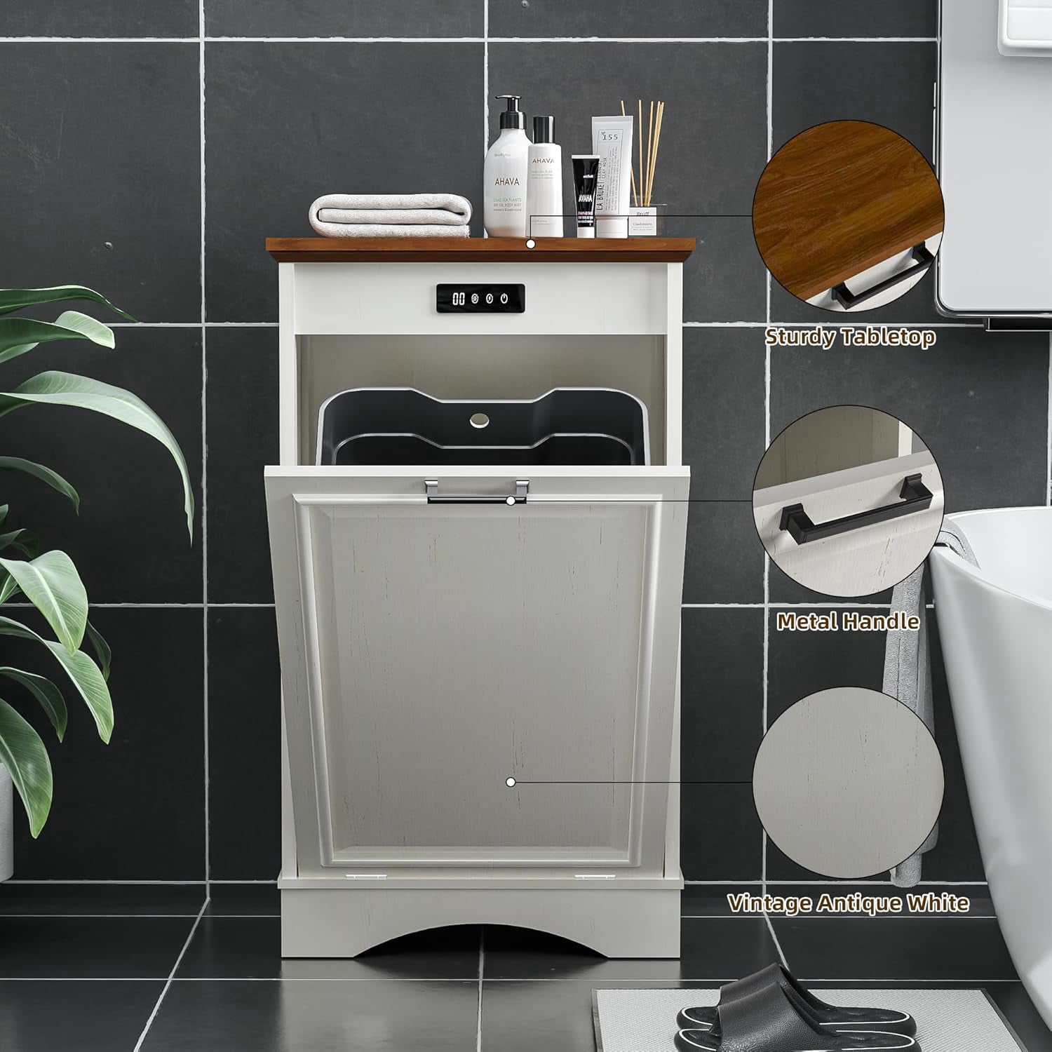 13 Gallons Tilt Out Trash Cabinet Free Standing Kitchen Trash Bin Cabinet Recycling Garbage Cabinet with Deodorizing Function Pet Proof Trash Can Holder for Kitchen Living Room, Antique White