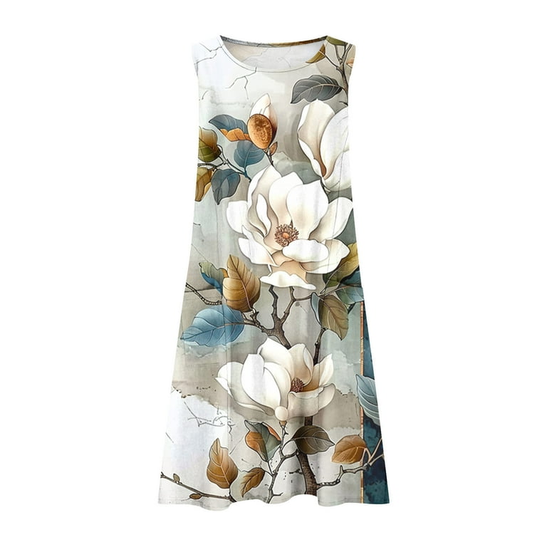 Asdoklhq Jumper Dress for Women Midi Dresses for Women Women's Solid Color Casual Sleeveless Linen Loose Fitting Dress with Pockets White 2X, Size: