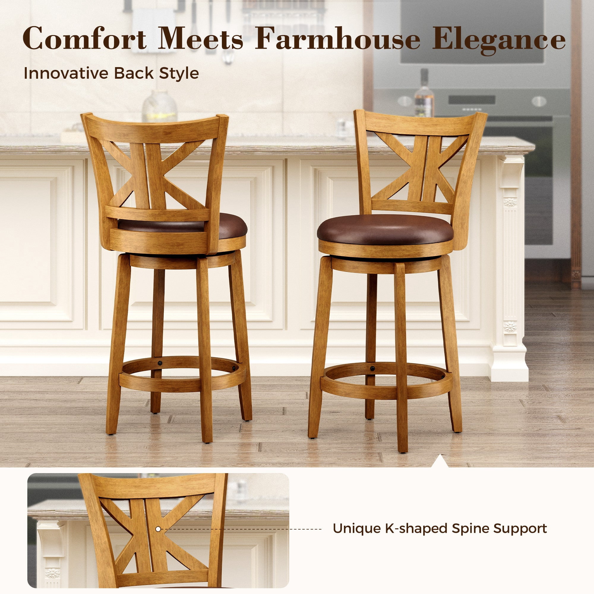 MF Studio 26" Counter Height Bar Stool with Back, Wood Swivel Bar Stool with K-Shaped Back & Extra Large Seat, Teak Color