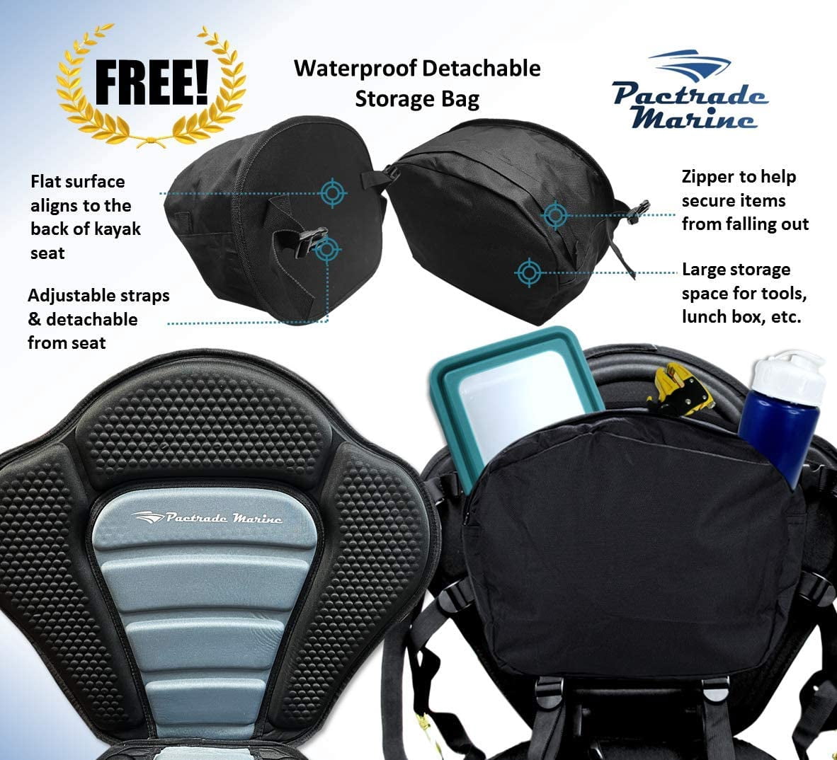 Pactrade Marine Boat Adjustable Straps Black Gray Extra Padded Deluxe Kayak Seat Detachable Storage Backpack Bag Canoe Backrest Support Cushion Sit on Top Fishing Brass Clips (1)
