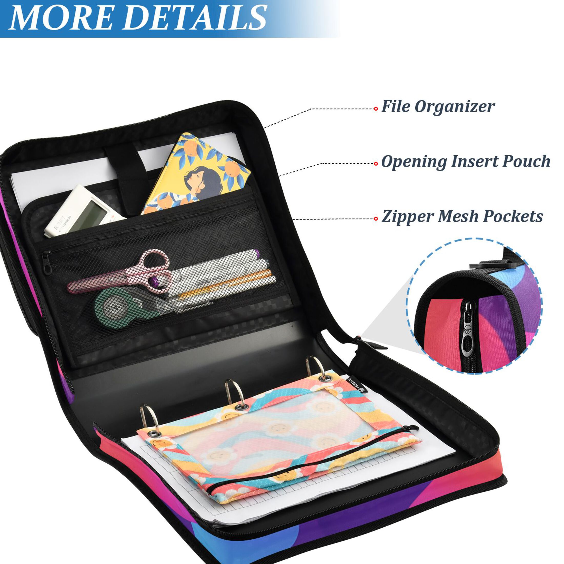 ALAZA Zipper Binder Gradient Rainbow 3 Ring Trapper Keeper File Folder Organizer Bag