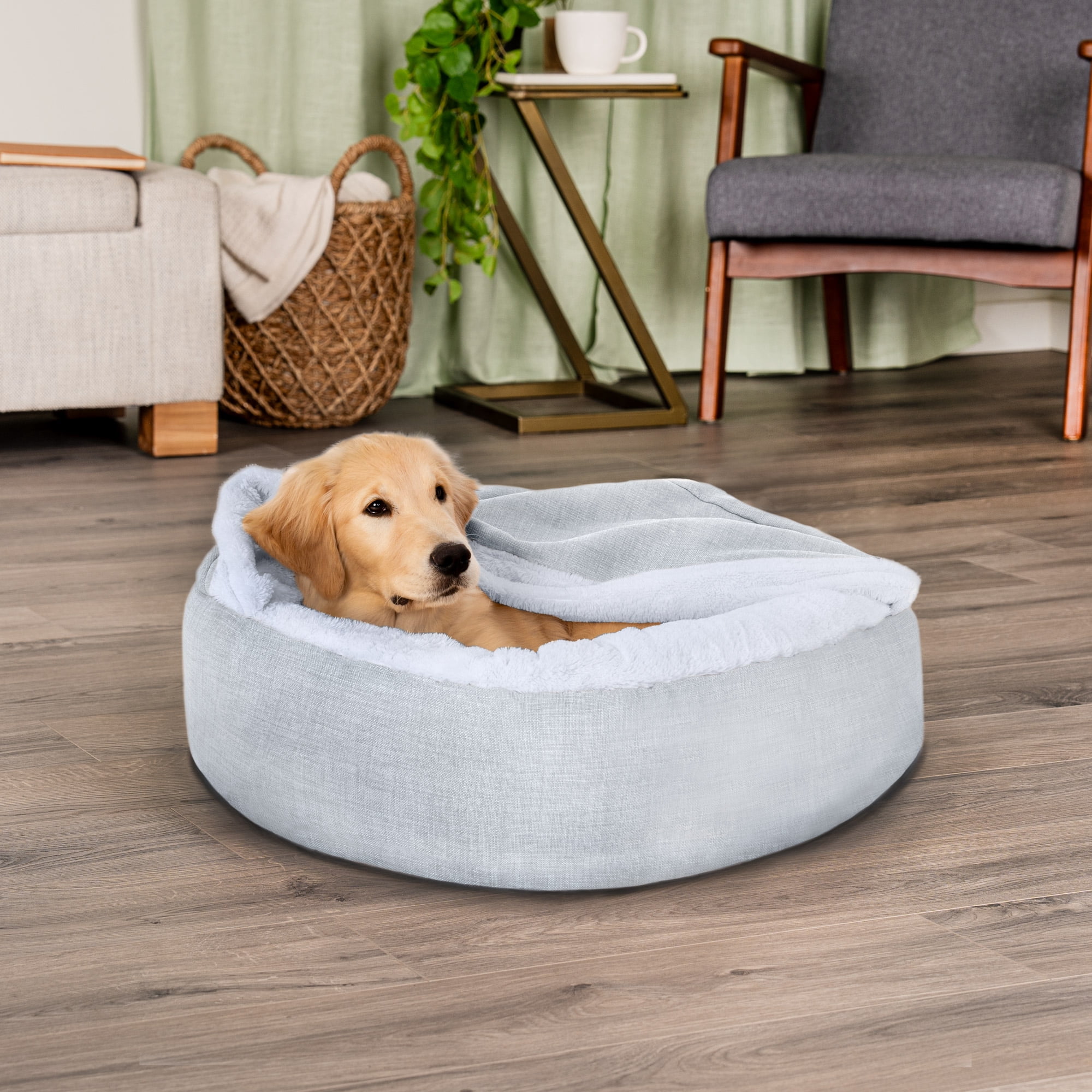 FurHaven Plush & Performance Linen Hooded Donut Pet Bed for Dogs & Cats - Mist Gray, Medium - 27"