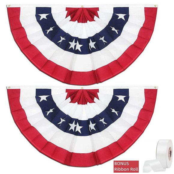 LNGOOR USA Fan Flag 2 Pack 1.5 x 3 FT Pleated American US Bunting Flag Patriotic Half Fan Banner with Canvas Header and Brass Grommet for 4th of July Memorial Patriotic Day Party Outdoo