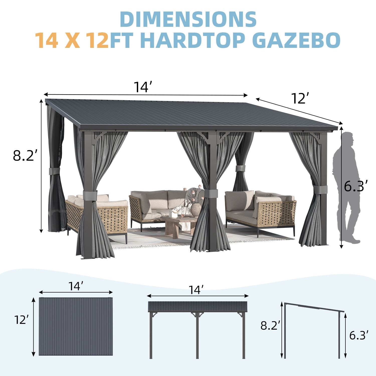 AECOJOY 14' x 12' Hardtop Patio Gazebo with Curtains and Netting, Wall Mounted Heavy Duty Outdoor Pergola on Clearance with Galvanized Steel Roof, Waterproof Metal Grill Gazebo for Backyard