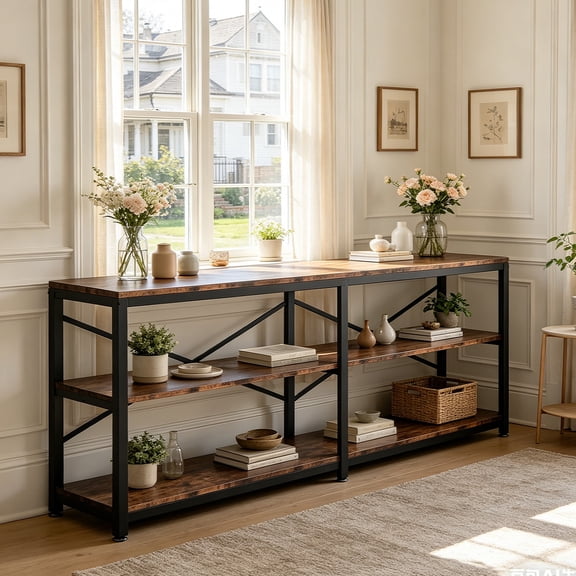 Fnova 70.9" Modern Console Table, 3-Tier Extra Long Entryway Table, Industrial Sofa Table Behind Couch with Storage Shelves for Entryway, Foyer, Hallway, Living Room