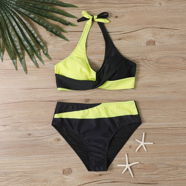 Trajes de baño Amzcrzy Tankini para mujer, trajes de baño, trajes de baño, bikini, conjuntos de bikini de mujer con bloques de color, tirantes cruzados, sin espalda, amarillo, 5XL