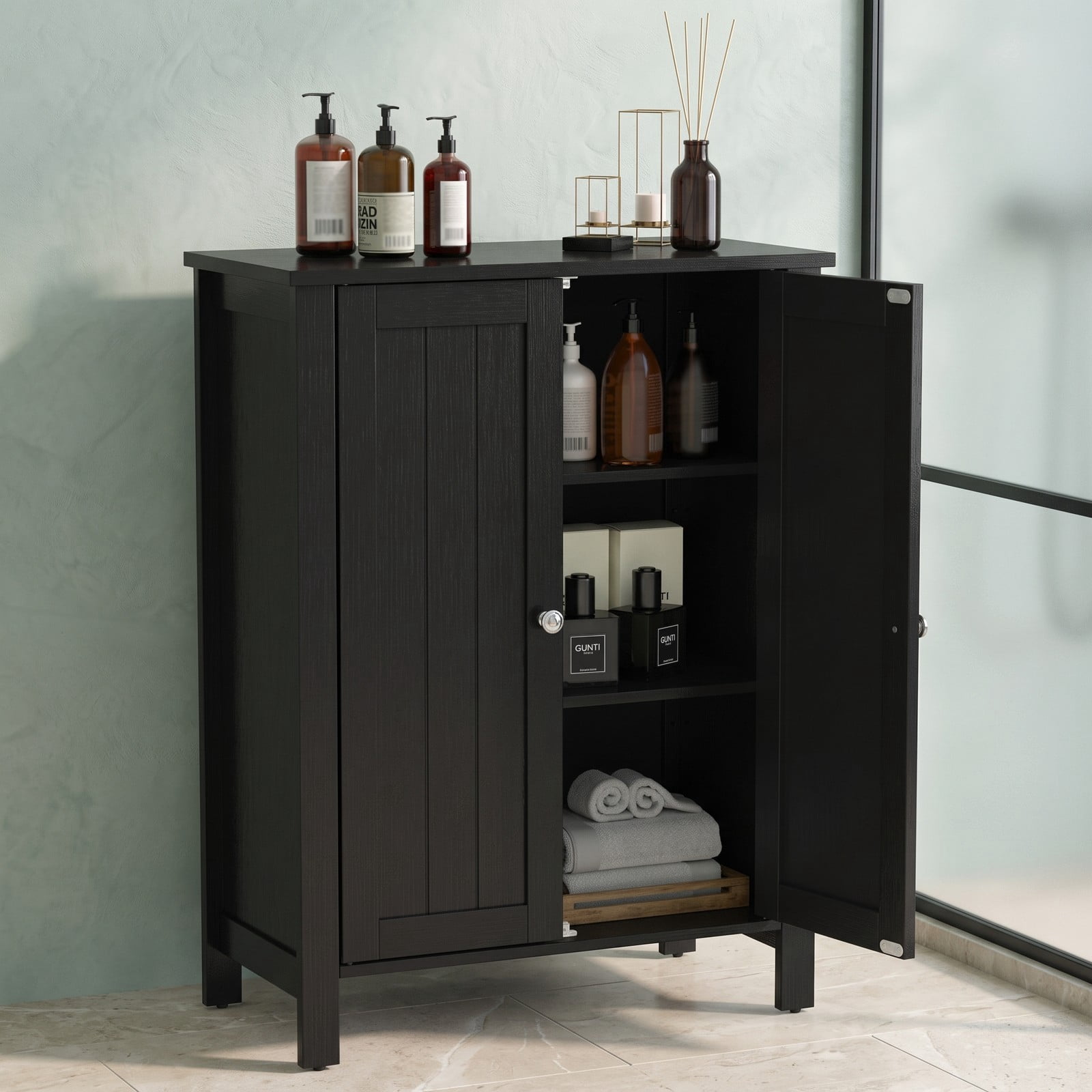 Fenbeli 2-Door Bathroom Floor Storage Cabinet, Freestanding Space-Saving Storage Organizer with Adjustable Shelves, Wooden Side Cabinet for Bathroom Laundry, Black