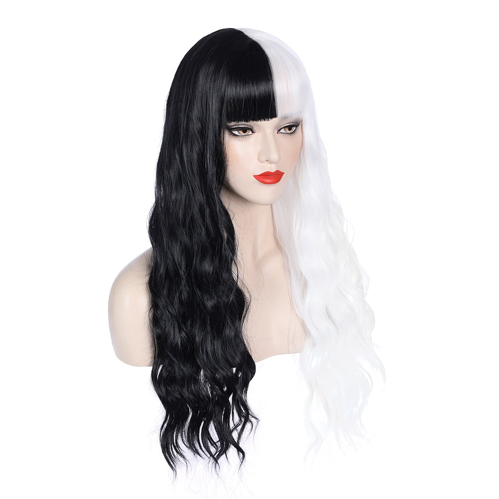 RightOn 27" Black and White Wig Long Curly Wig with Bangs Black and White Wig Two Tone Wig Women Girls Synthetic Wig with Wig Cap