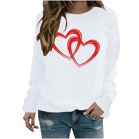 cfhntfmh Valentines' Day Shirts for Women Cute Hearts Printed Long Sleeve Pullover Tops Casual Crewneck Fall Winter T-Shirts