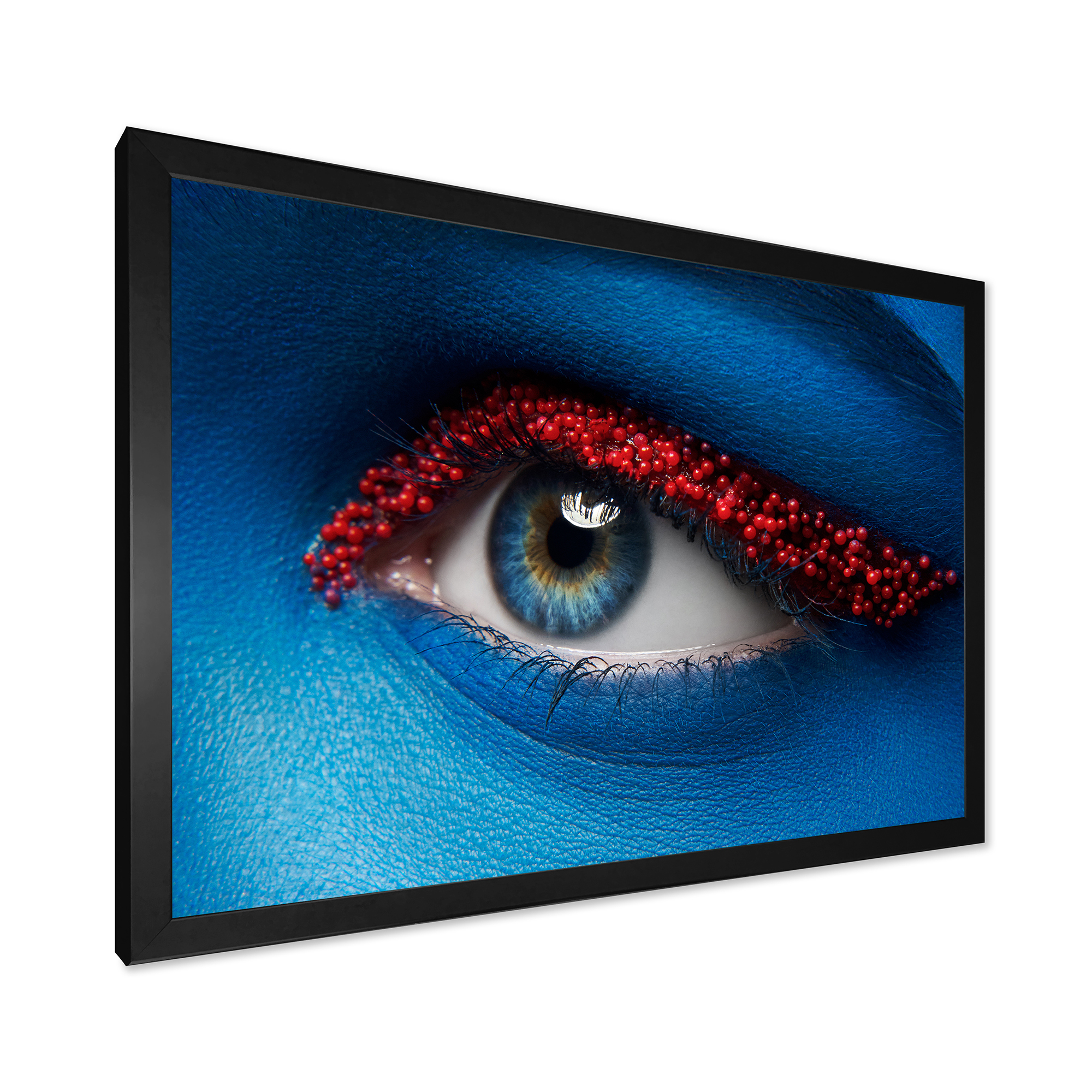 Designart 'Woman Eye With Blue Paint On Face & Red Balls' Modern Framed Art Print