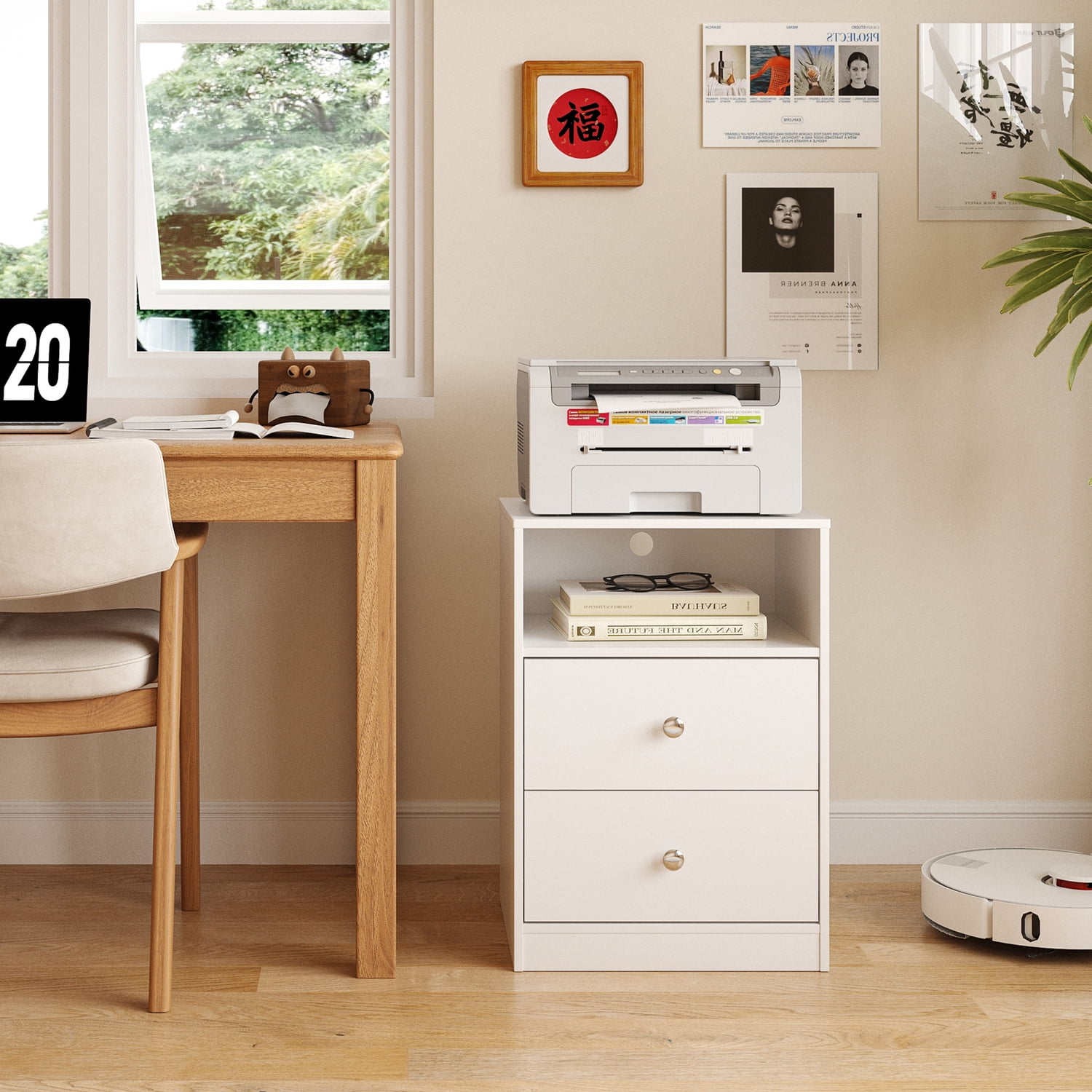 Someet Modern Nightstand with 2 Drawers, 2 USB Ports & Outlets, Nightstand for Bedroom, White