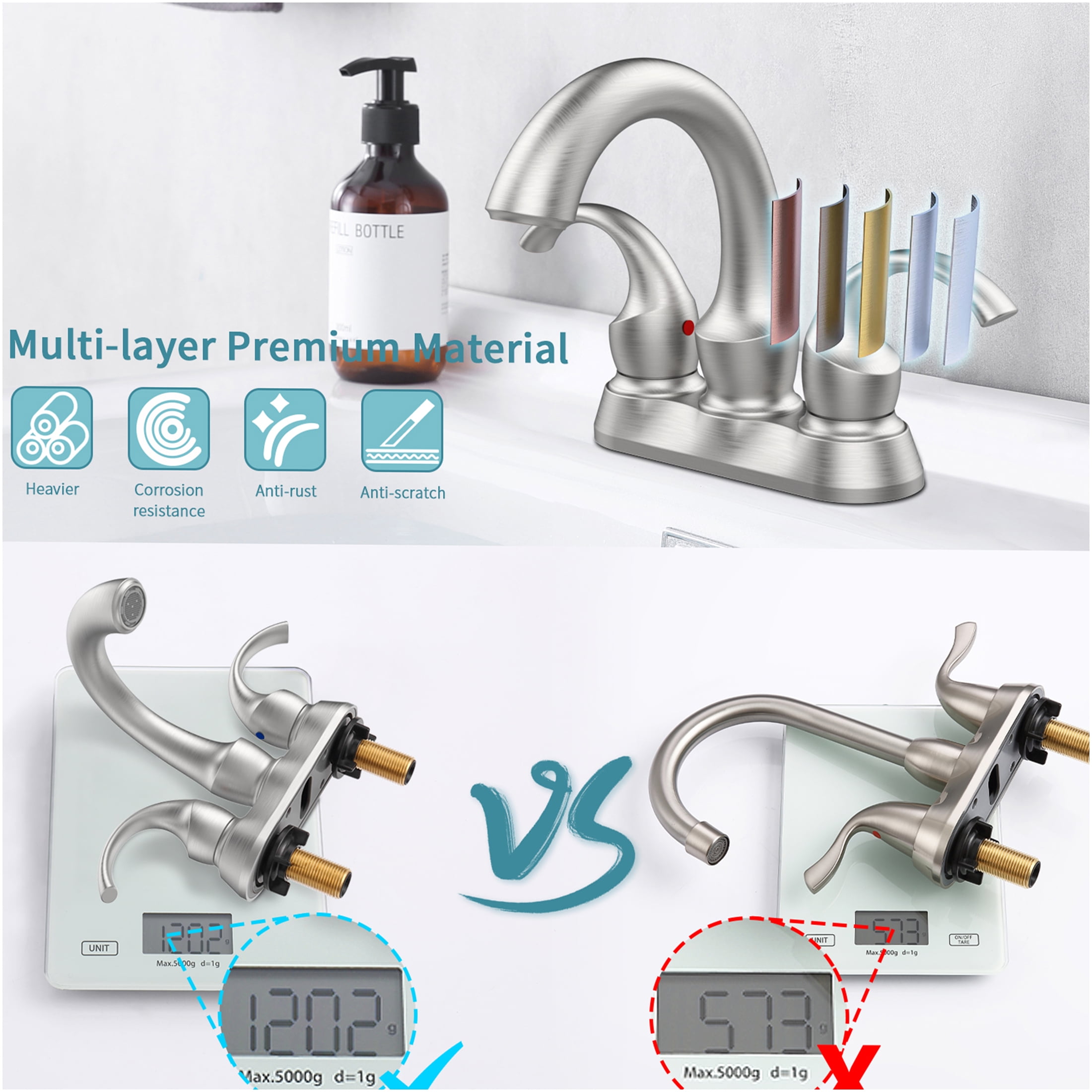 JERFIT 4-inch Centerset Bathroom Faucet, 2-Handle Brushed Nickel Vanity Sink Faucet with Pop-Up Drain, Water-Saving Aerator, Deck Mount Modern Swan Spout