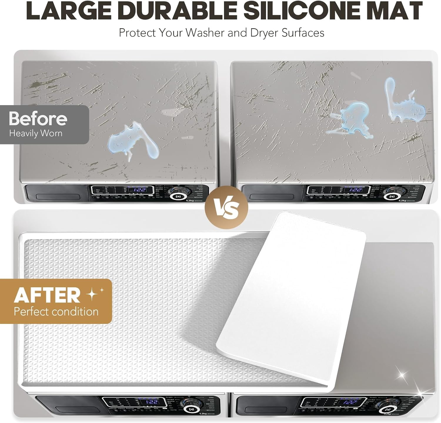 Washer Dryer Countertop, 51.2" x 25.6" Large Washer and Dryer Covers for The Top, Non-Slip Waterproof Silicone Dryer Top Protector Mat, Washer Dryer Topper for Laundry Room Kitchen Home（White）