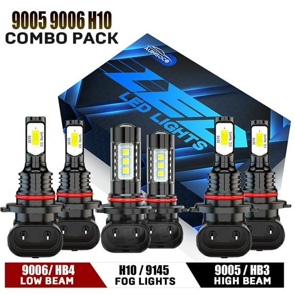 Kit 9005 9006 H10 8000LM 6Pcs LED Headlight Bulbs White Hi/Lo Bulbs Fog Lights Combo 6000k Halogen Replacement 30000 Hours Lifespan High Power Lamps For GMC Sierra 1500 2003 2004 2005 2006