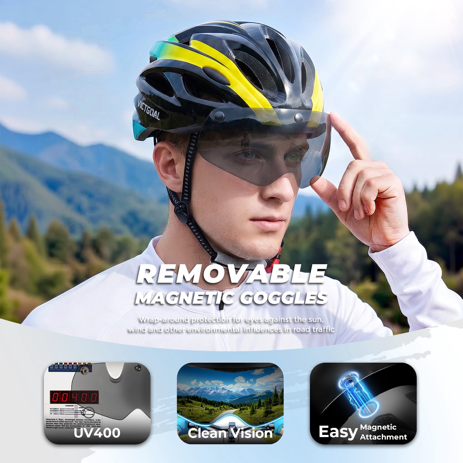 VICTGOAL Bike Helmet for Adults with Light and Goggles Lightweight MTB Road Bicycle Helmets for Men Women Cycling Ebike Scooter