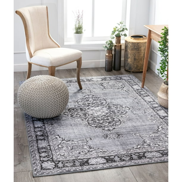 Well Woven Mareva Machine Washable Grey Vintage Oriental Medallion Area