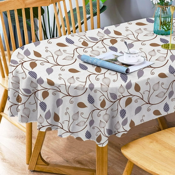 Oval Tablecloth Brown Leaf Tablecloth, Modern Plaid Leaf Oval Tablecloth, Checkered Tablecloth, Indoor/Outdoor Waterproof Wrinkle Free Durable Gingham Tablecloth for Oval Tables 54 X 72 in