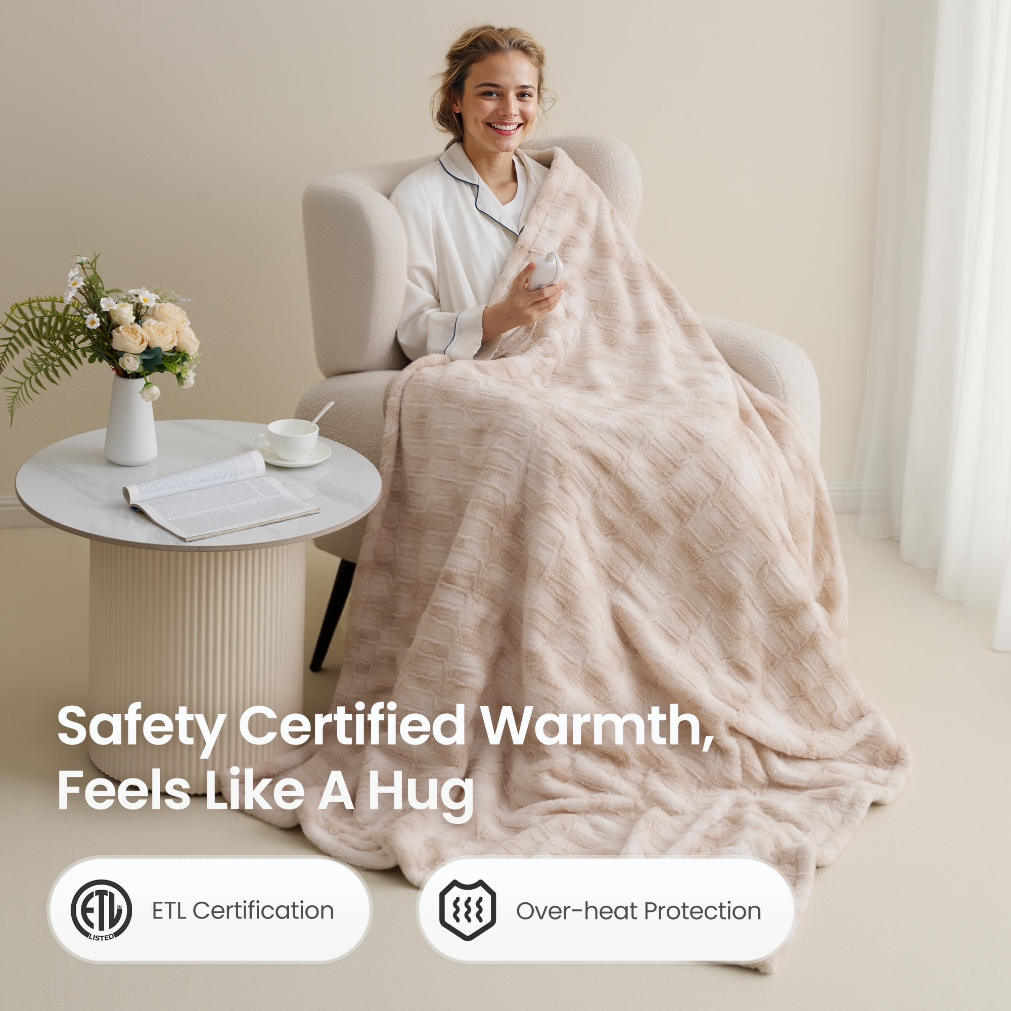 MARNUR Heated Blanket Electric Throw Extra Large Size 50"x72", Soft Faux Fur Heated Throw with 10 Heating Levels 4 Hours Timer Machine Washable, Khaki