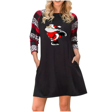 

jsaierl Casual Dresses for Women Christmas Reindeer Print Striped Shirt Dress Fall Long Sleeve Flowy Crewneck Homecoming Dresses 2022