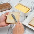 thumbnail image 3 of DOWAN 6.5in White Ceramic Butter Crock with Acacia Wood Lid &Knife, Spreadable Porcelain Butter Keeper for Countertop, Glazed French Butter Dish, Silicone Airtight Seal, 3 of 5