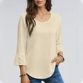 thumbnail image 4 of ClodeEU Women's Lace Trim 3/4 Sleeve Linen Blend Top ,Loose Fit Solid Color Casual Crewneck Blouse Beige,Womens Plus S, 4 of 8