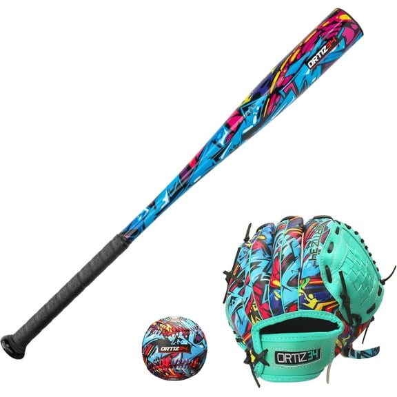 Ortiz34 Youth T-Ball Set, 25" Aluminum Bat (-10 Drop), Foam Core T-Ball, 9" Lightweight Glove, Graffiti Print