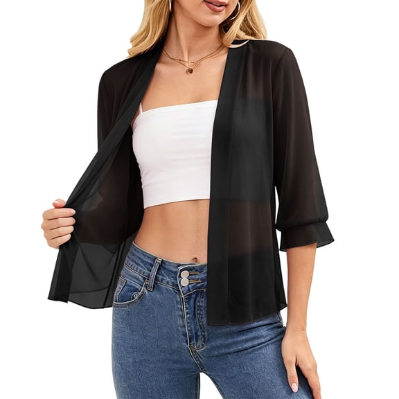 Yrmaups Casual Chiffon 3/4 Sleeve Blazer for Women Plus Size, Open Front Solid Lightweight Cover Up, Soft Breathable Summer Office Vacation Beach Outfit, Black XL
