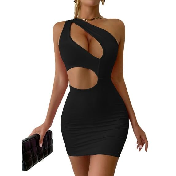 Qmyliery Women's Slim Dress Solid Color One Shoulder Cutout Design Party Streetwear Cocktail Dress,S/M/L/XL