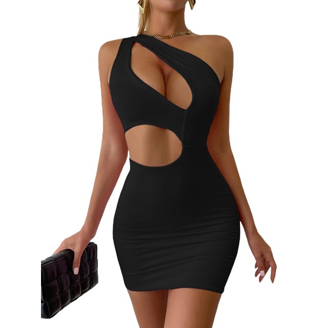 SAYOO - Vestido ajustado para mujer, color sólido, un hombro, diseño recortado, fiesta, ropa de calle, vestido de cóctel SAYOO Moda
