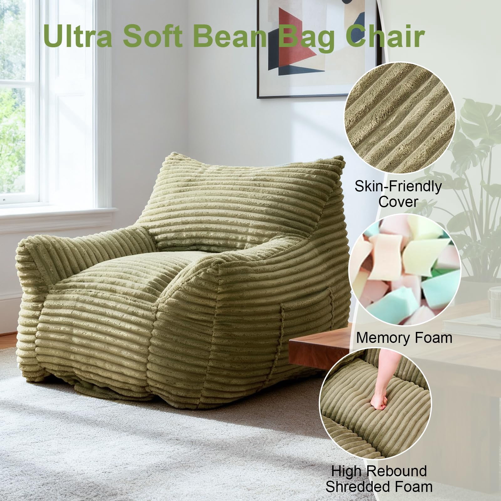 Peispie Giant Bean Bag Chair for Adults, Wide Seat Comfy Corduroy Floor Sofa with Armrests, Shredded Memory Foam Lazy Lounger, Oversized Gaming & Reading Chair for Bedroom 400LBS, Green