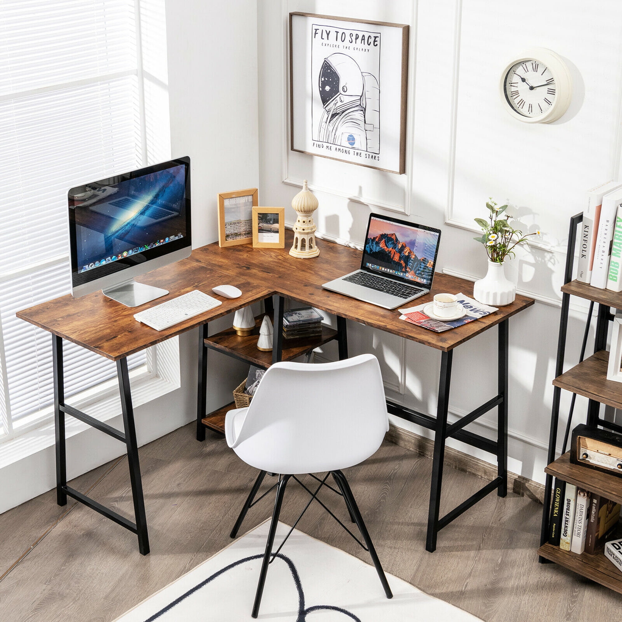 Gymax L Shaped Study Table Corner Computer Desk w/Storage Shelves Brown