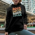 thumbnail image 2 of Book Lover, Reading Enthusiast or Someone Who Loves Books, Groovy Retro Wavy Text Merch Gift, Black Hooded Sweatshirt or Hoodie, XL, 2 of 5