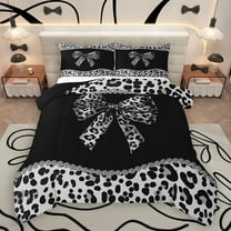 Homewish Cheetah Leopard Print Full Size Comforter Sets, Chic Black Grey Ribbon Bedding Comforter Set, Fashion Princess Style Reversible Bedding Sets, Microfiber Bedroom Decor, 3pcs